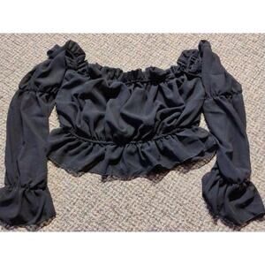 Pretty Little Thing Black Woven Off Shoulder Ruffle Bardot Top Size 10 NWT